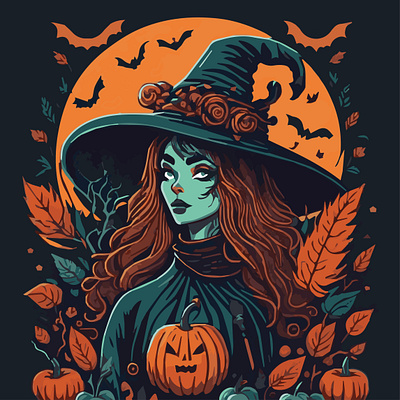 Halloween Background Witch With Pumpkins And Bats abstract art aesthetic aesthetic print aesthetic printable aesthetic wall art artist background bats dark design halloween hat illustration logo night pumpkins scary scoopy ui witch