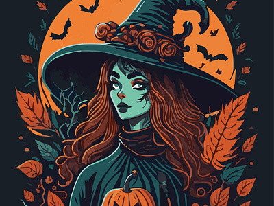 Halloween Background Witch With Pumpkins And Bats abstract art aesthetic aesthetic print aesthetic printable aesthetic wall art artist background bats dark design halloween hat illustration logo night pumpkins scary scoopy ui witch