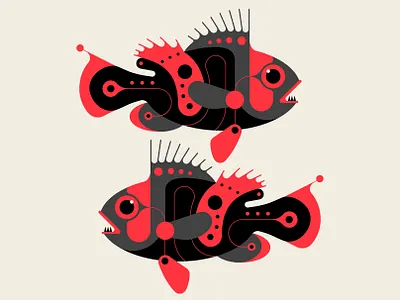 Pricks abstract black fish geometric illustration minimalist red vector