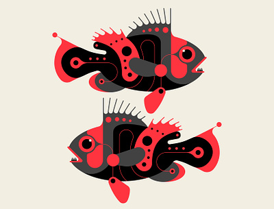 Pricks abstract black fish geometric illustration minimalist red vector