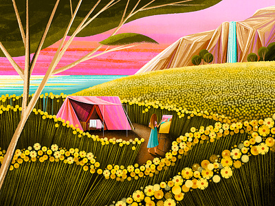Weekend plans camp field flower illustration landscape texture