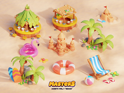 Masters Game Vol.1 3d illustration beach beachchair blender cafe castle chair colorful flamingo float gameart palm sand