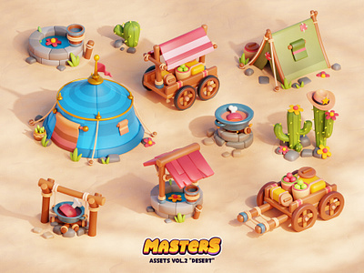 Masters Game Vol.2 3d illustration blender cactus cart colorful desert gameart lowpoly tent water west woodencart