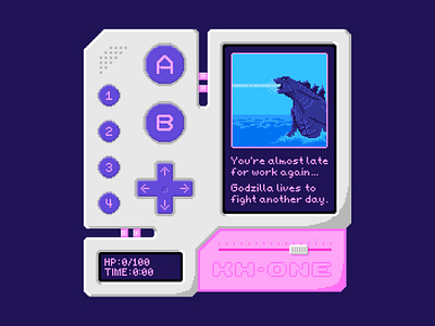 Pixel Device | KH-ONE | Godzilla inspired 80s futuristic godzilla monster pink purple video game art