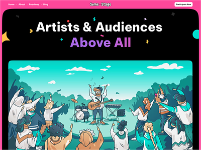 Some Stage - Web3 Music Startup / Landing Page 2d artist audience b2c band blockchain crypto fees flat graphic design home page illustration income landing page music roadmap saas startup web3 website design