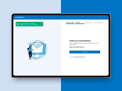 PeopleFinders — Monitoring Services Onboarding II design exploration email verification minimalist design multi step process multi steps product design toast message ui ux verify email visual exploration web app