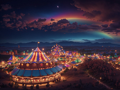 Night Extravaganza: A Mesmerizing Carnival Experience 3d 3d art ai art carnival cgi clouds colorful dark environment evening event fair glowing illustration light night party people rainbow sky