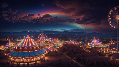 Night Extravaganza: A Mesmerizing Carnival Experience 3d 3d art ai art carnival cgi clouds colorful dark environment evening event fair glowing illustration light night party people rainbow sky