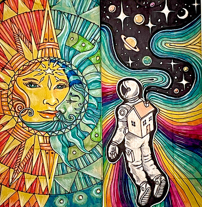 Astral Trip art astral astrology astronaut astronomy colorful design drawing dream home illustration moon original art space sun