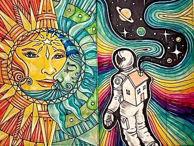 Astral Trip art astral astrology astronaut astronomy colorful design drawing dream home illustration moon original art space sun