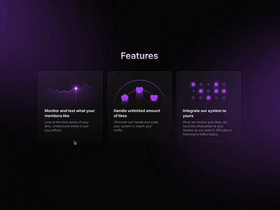 Animated hover states animation bento chart dark design gradients hover illustration landing page like purple ui ux web webdesign