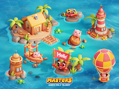 Master Game Vol.3 airballoon beach colorful crab gameart gamedev grass house illustration island islands lighthouse occean palm pig rocks sea summer tropical water