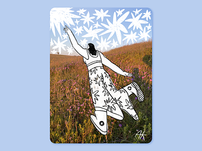 Girl and stars back character clothes comercial design dream dreaming field flat flowers girl illustration minimal photo run sky stars stylish woman