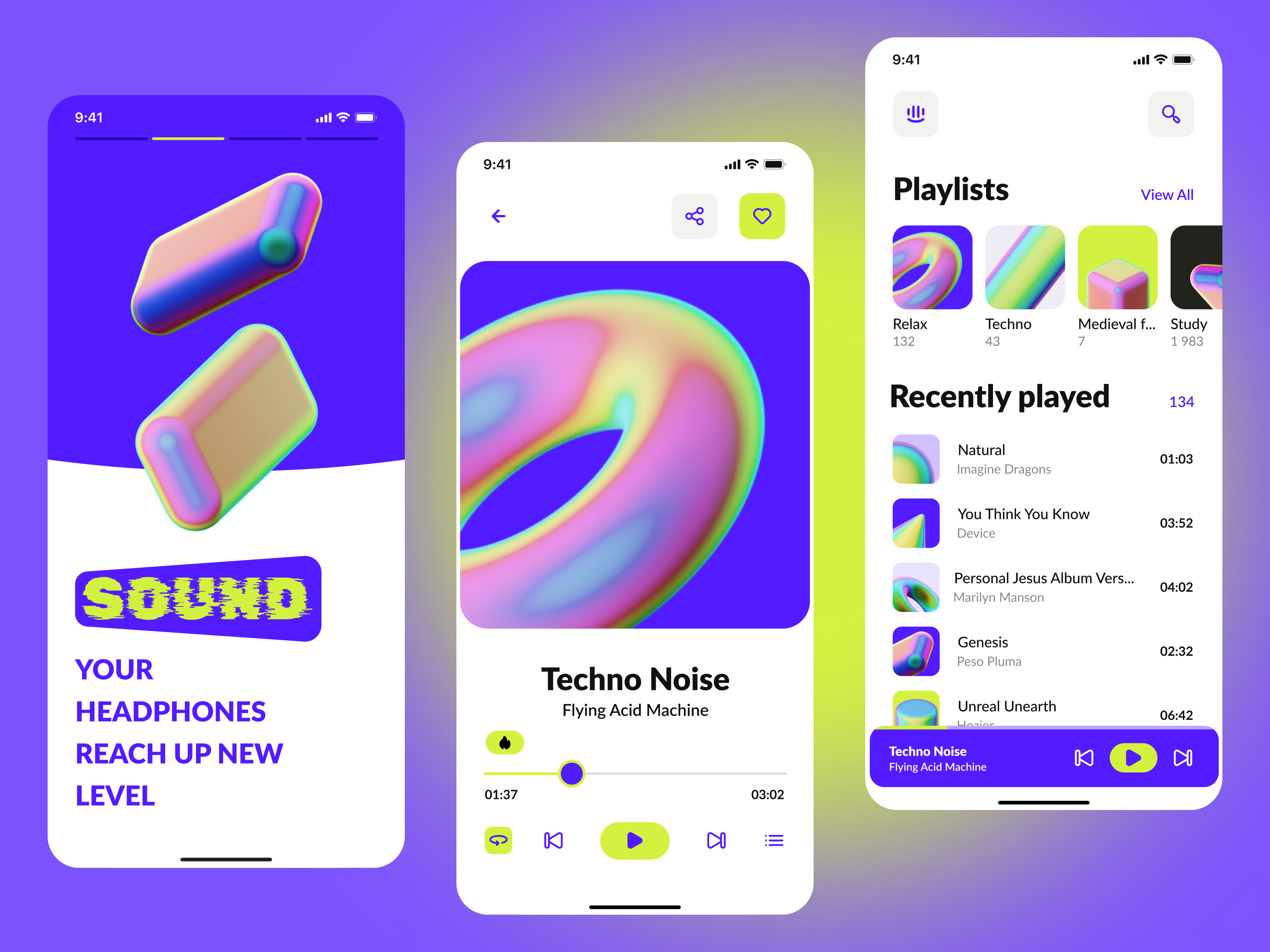 Mobile app for sounds and music 3d acid albums app blue branding design electric gradient green illustration mobile music player playlist sound toxic tracks ui ux
