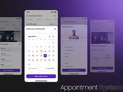 Salon Appointment System appointment avater b2b b2c booking clean light ui minimal mobile ui product design purple saas salon schedule search ui ux