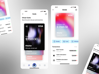Virtual Cards app banking dashboard digital finance fintech glass glass morphism design minimal mobile app ui ux