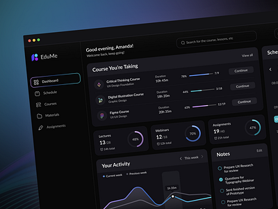 EduMe - online education platform activity dashboard charts concept courses dark mode dark mode dashboard dashboard dashboard concept dashboard design design system education platform gradients graphs interface desing online education online learning platform students dashboard ui design ux