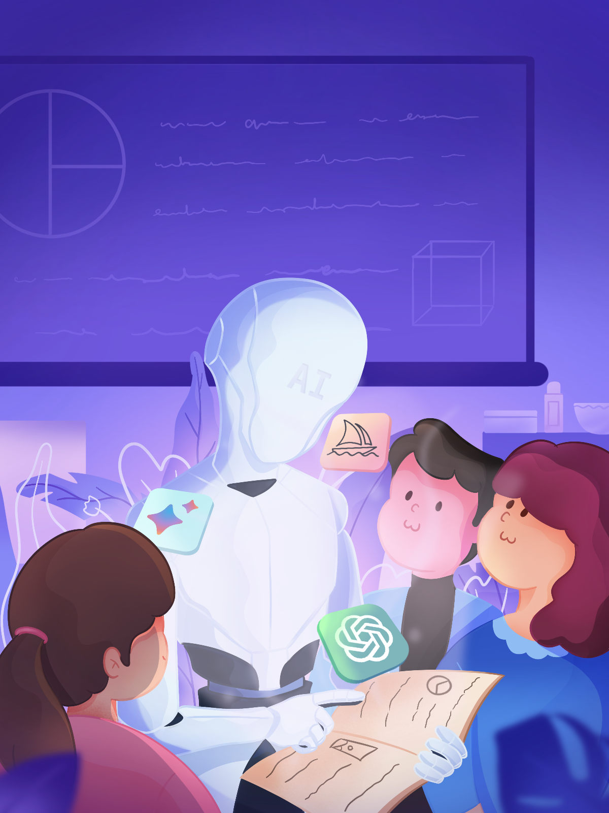 Learn with AI🤖 - illustration ai app book cover classroom education flat future illustration learning modern poster robot