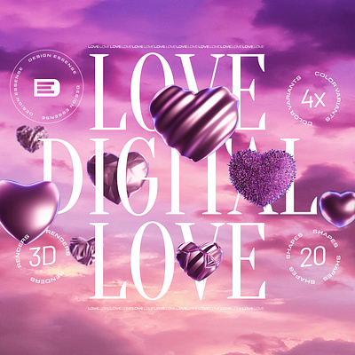 Design Assets: 3D Heart Objects - Digital Love 3d 3d illustration 3d shapes branding chrome download fashion free freebie geometric heart love modern objects pink poster resources shapes valentines webdesign