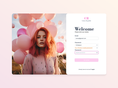 Registration screen log in pink product design registrarion screen registration ui ux web design welcome screen