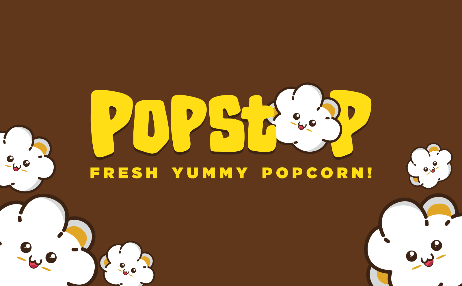 Popstop Branding: Fresh Popcorn Logo with Kawaii Character branding cute mascot food branding food illustration foodie design fun logo graphic design illustration kawaii character logo mascot design popcorn logo yellowandbrown