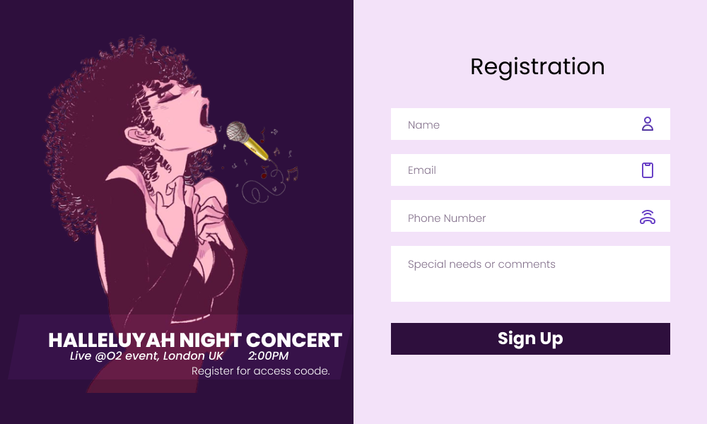 Concert sign up page by Ewaoluwa Ogungbire on Dribbble