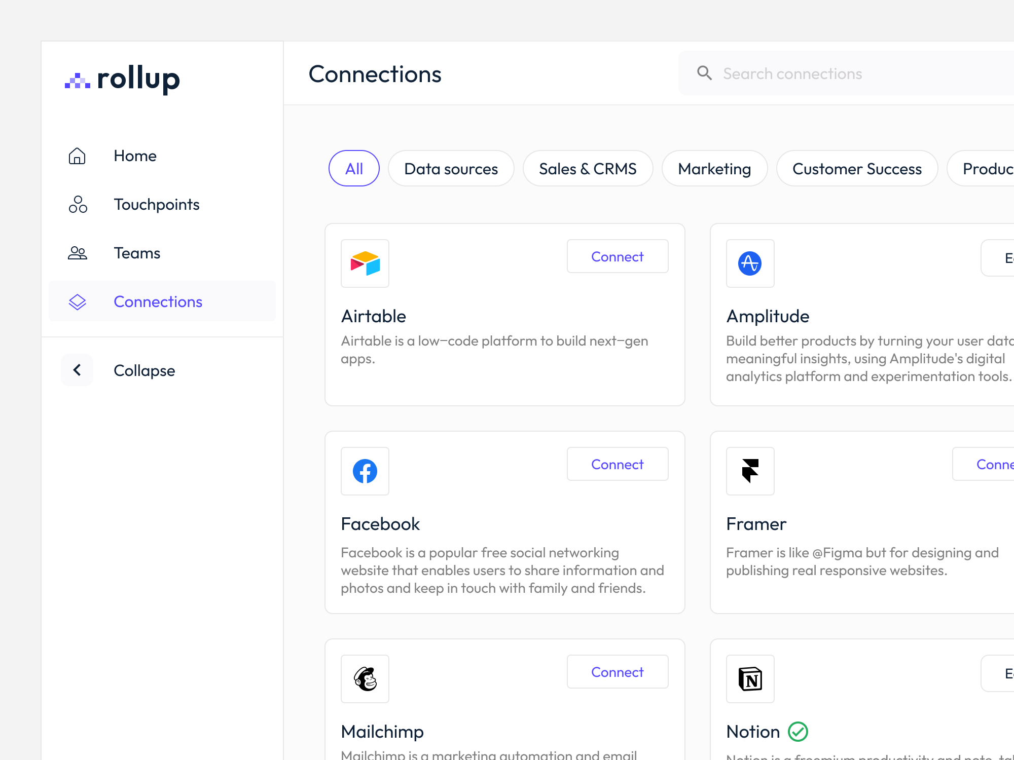 Integrations page for a web app connect integrations ui web app