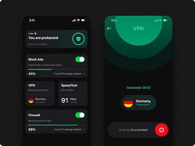 Ad protection app dark design dashboard mobile app ui vpn