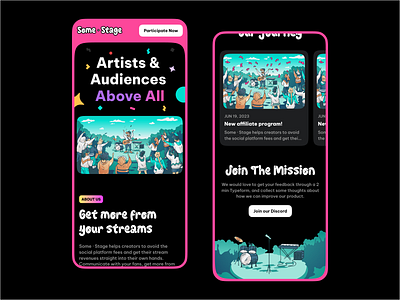Some Stage - Web3 Music Startup / Landing Page 2d artist audience band blockchain crypto drums fees game gaming illustration income landing page mobile landing mobile ui music nft roadmap startup website design