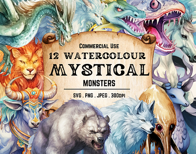 Mystical Monsters - Watercolour aiart clipart graphic design illustration midjourney watercolour