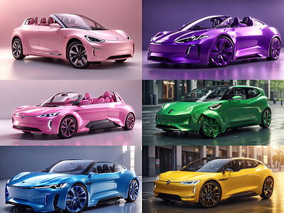 Colorful Electric Cars - Automotive Design 3d 3d art 3d model ai art automobile automotive automotive design blue car cgi colors design electric car green modeling pink purple technology vehicle yellow