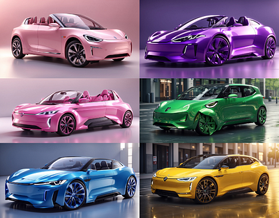 Colorful Electric Cars - Automotive Design 3d 3d art 3d model ai art automobile automotive automotive design blue car cgi colors design electric car green modeling pink purple technology vehicle yellow