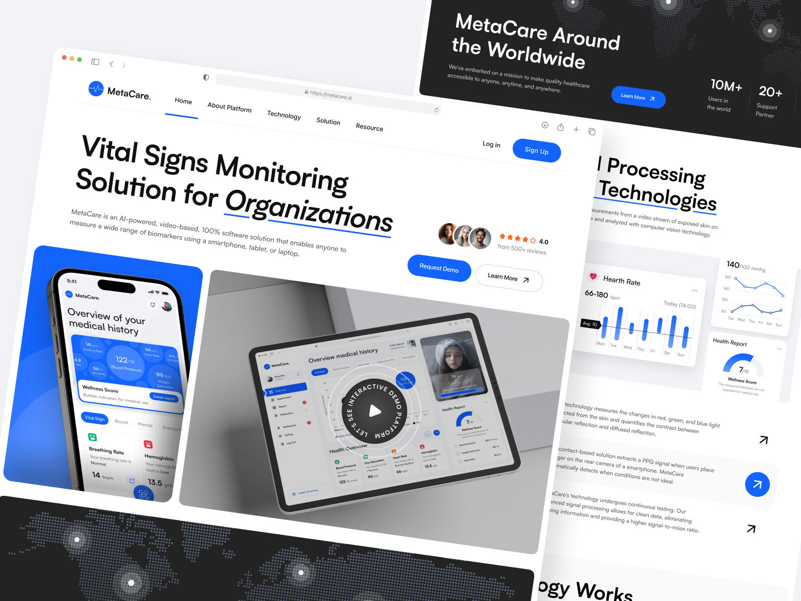 MetaCare - AI Telemedicine Landing Page ai biomakers ai health diagnose ai telemedicine biotech digital health ehr electronic health report electronic medical report emr health monitoring health tracker healthcare medical care medical measurement medical report medtech saas telehealth telemedicine vital sign monitoring