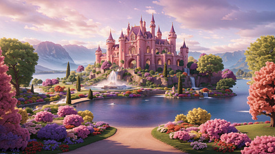 A Vibrant Pink and Purple Castle in Fairytale Land 3d 3d art ai art castle cgi colorful environment fairytale fairytale land floral flowers fountain garden illustration magical pink purple spring trees water