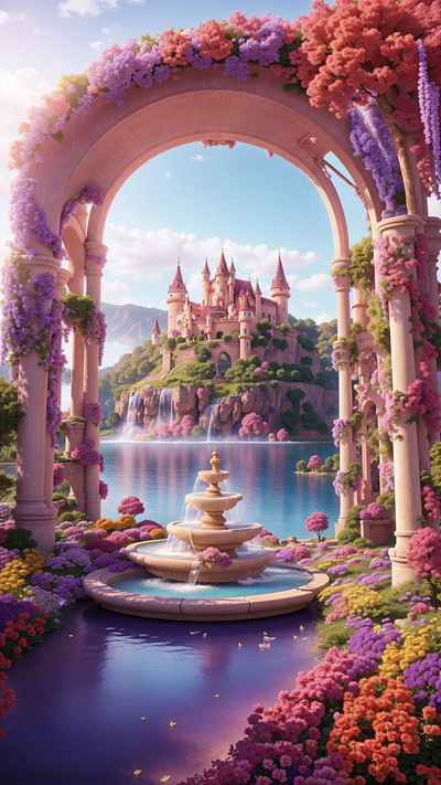 Best 3D CGI Wallpapers 3d 3d art ai art candy castle cgi colorful environment floral flowers fountain illustration mobile wallpaper natural nature rainbow trees wallpaper water world