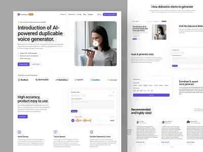 AI Voice Generator Landing Page ai ai powered artificial chatbot generator homepage landing page robot sounds speech technology ui uiux voice voice changer voice cloning web design