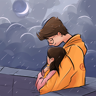 Cute couple on Terrace under the Moonlight 2d anime apple character design couple cute illustration design flat illustration graphic design illustration moonlight procreate terrace ui wallpaper