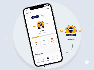 Wellbeing and Gamification app - scoreboard animation app bright colors design game gamification george samuel illustration interaction ios iphone loyality mockup motion ninja offers purple ui wellbeing yellow