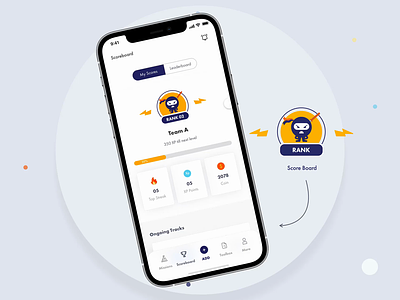 Wellbeing and Gamification app - scoreboard animation app bright colors design game gamification george samuel illustration interaction ios iphone loyality mockup motion ninja offers purple ui wellbeing yellow