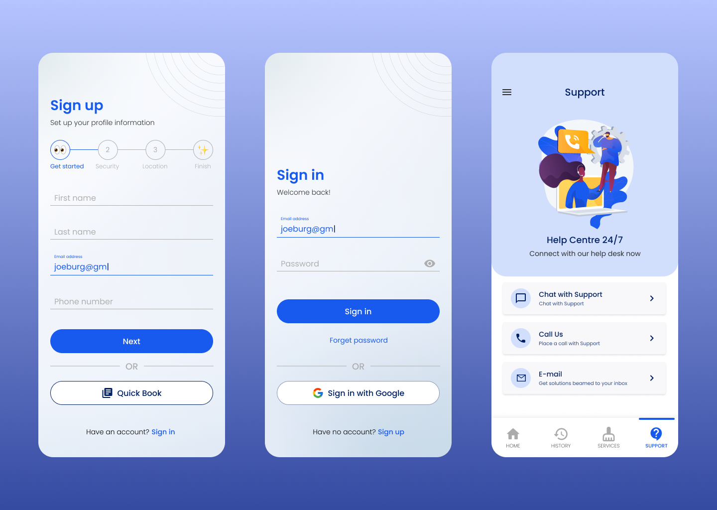 Mobile Sign up / sing in / support screen by Jonathan Olayanju on Dribbble