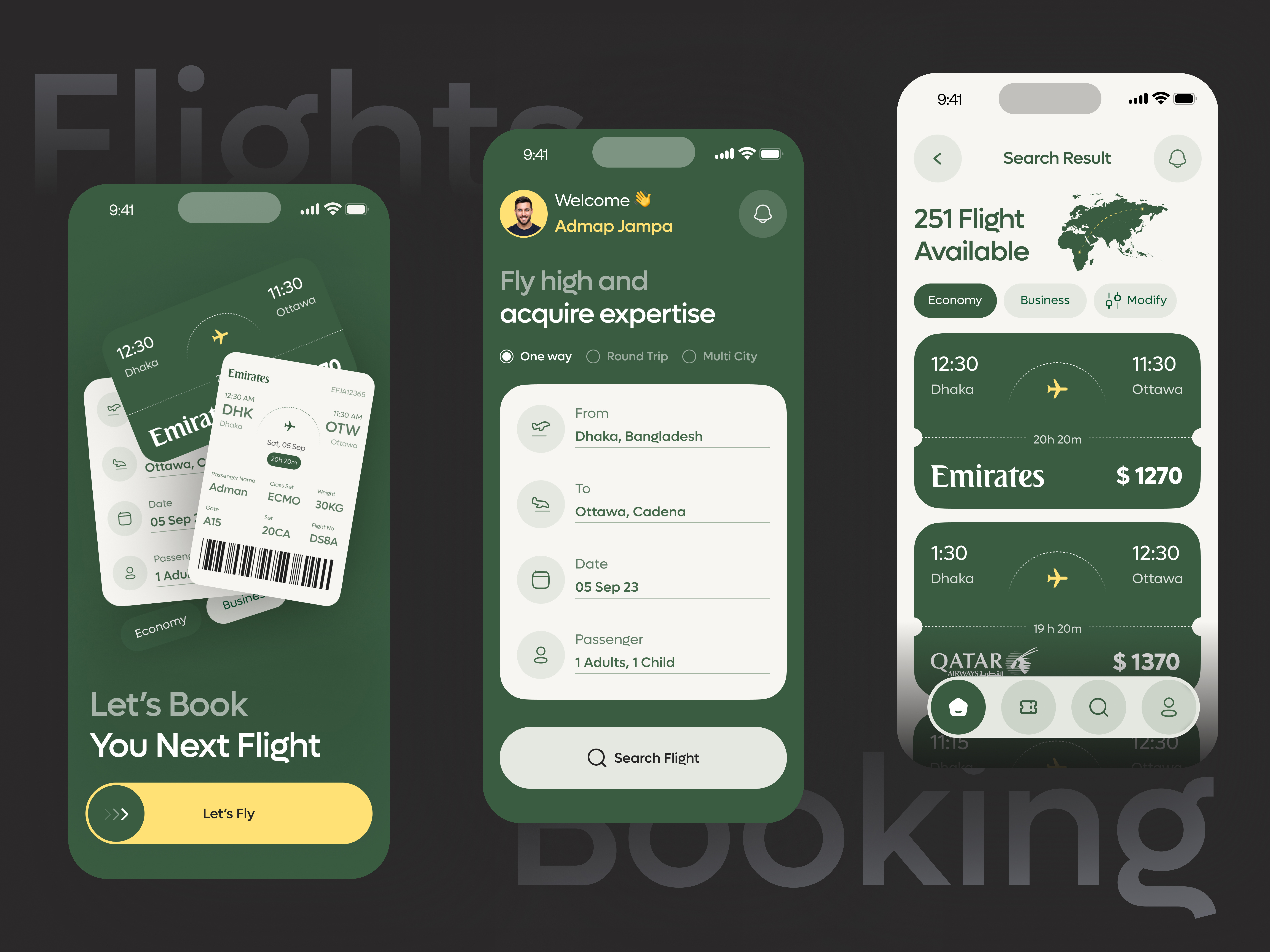 Flight Booking App air booking app boarding boarding pass booking booking flight clean design flight flight booking flight booking app green yellow marden minimal mobile design uiux