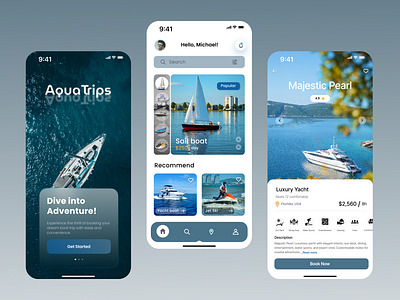 Aqua Trips: Mobile App UI Design adventure booking app design app interface design aqua trips boat booking booking experience coastal adventures coastal exploration intuitive ui mobile app nautical ui ocean voyages sailing app sea travel travel app ui design user experience user interface water activities waterfront destinations