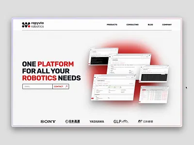 Rapyuta Robotics --- Website Redesign 3d animation branding glassmorphism gradient japan noise red robots saas shadows sun ui website