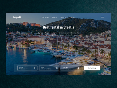 Screen for yacht rental website boat booking find first block hero hero section rent ui uiux visual web yacht
