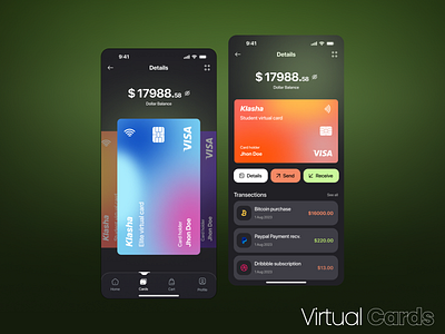 Virtual Cards V2 banking cards clean dark mode dashboard deposit finance fintech gradient homepage light ui minimal mobile app product design transection ui unique app design ux virtual cards withdraw