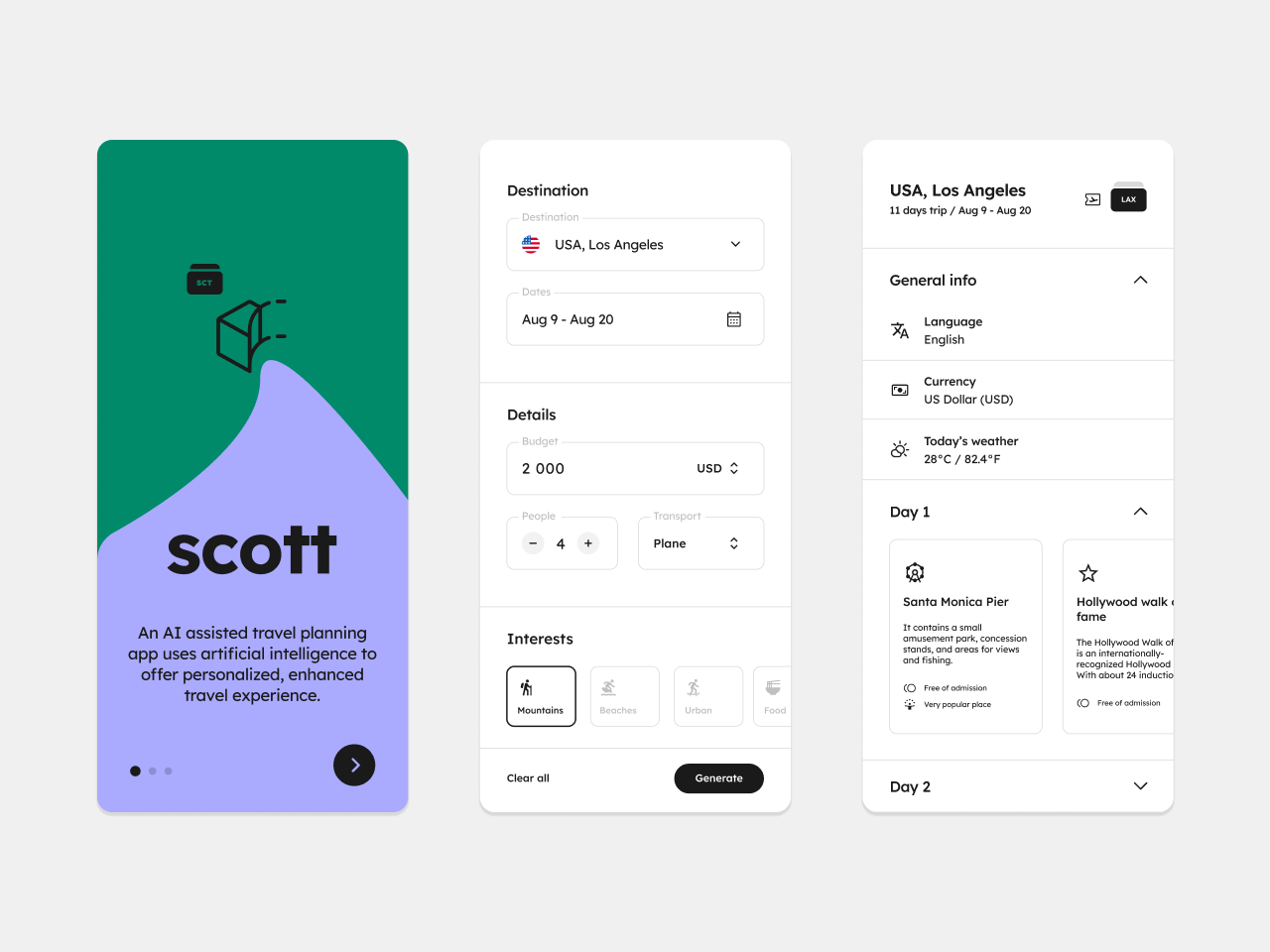 AI travel planner app ai app budget clean design experience generator graphic design hiking holidays logo los angeles minimal plan planner simple suggestions transport travel vacation