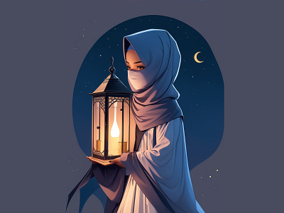Muslim girl with hijab and lantern illustration ai digital art eid illustration islamic illustration lanten muslim girl illustration ramadwan illustration concept vector art