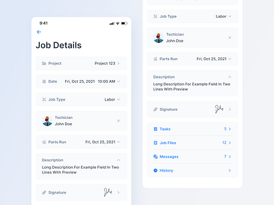 Mobile App / Job Details fields