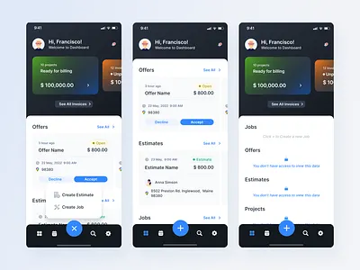 Mobile App / Dashboard customer estimate fields invoice job offer payment project
