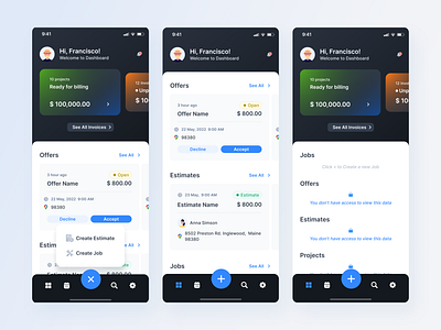 Mobile App / Dashboard customer estimate fields invoice job offer payment project